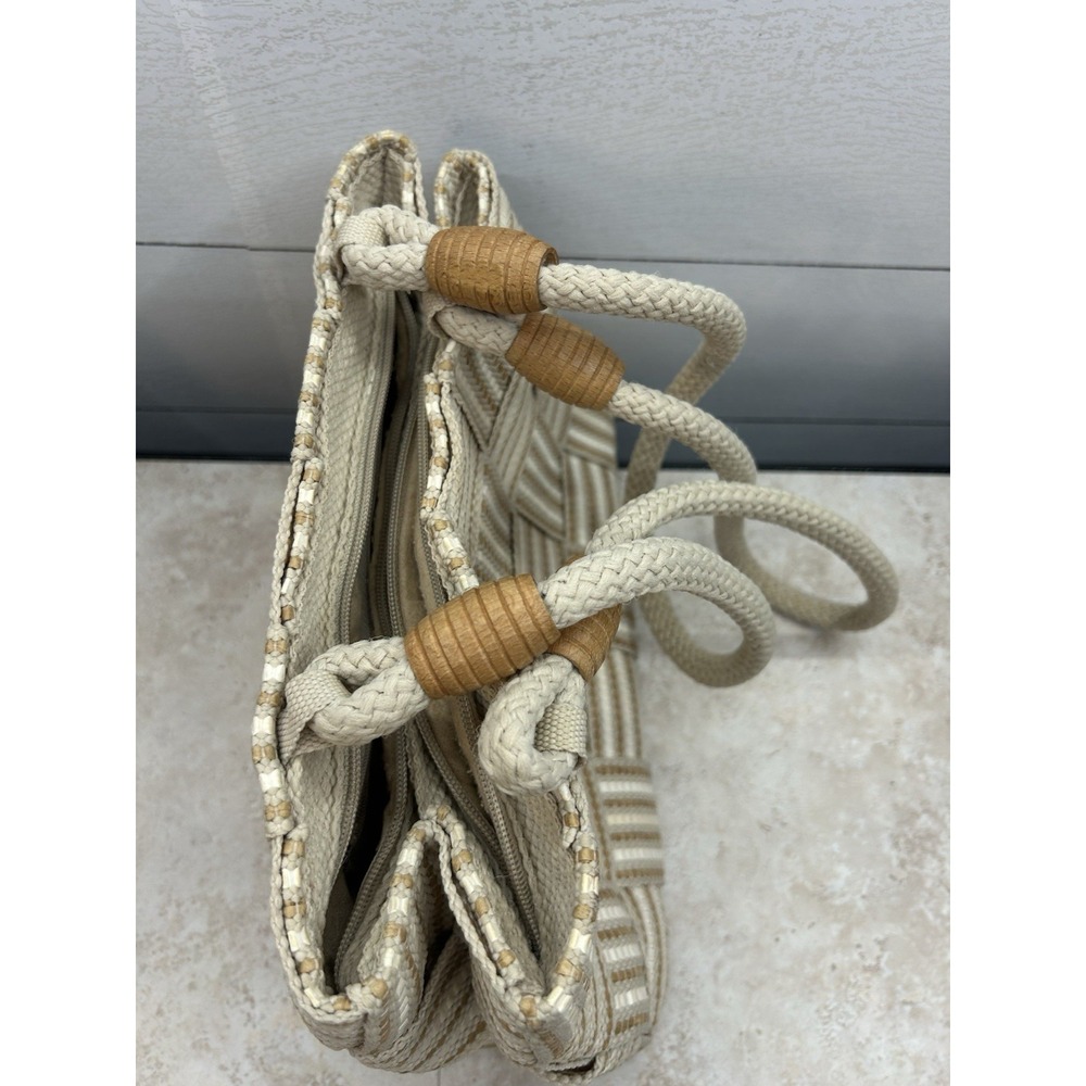Vintage Handbag White & Brown Straw Woven Purse Rope Handles Made In Italy - Picture 5 of 10